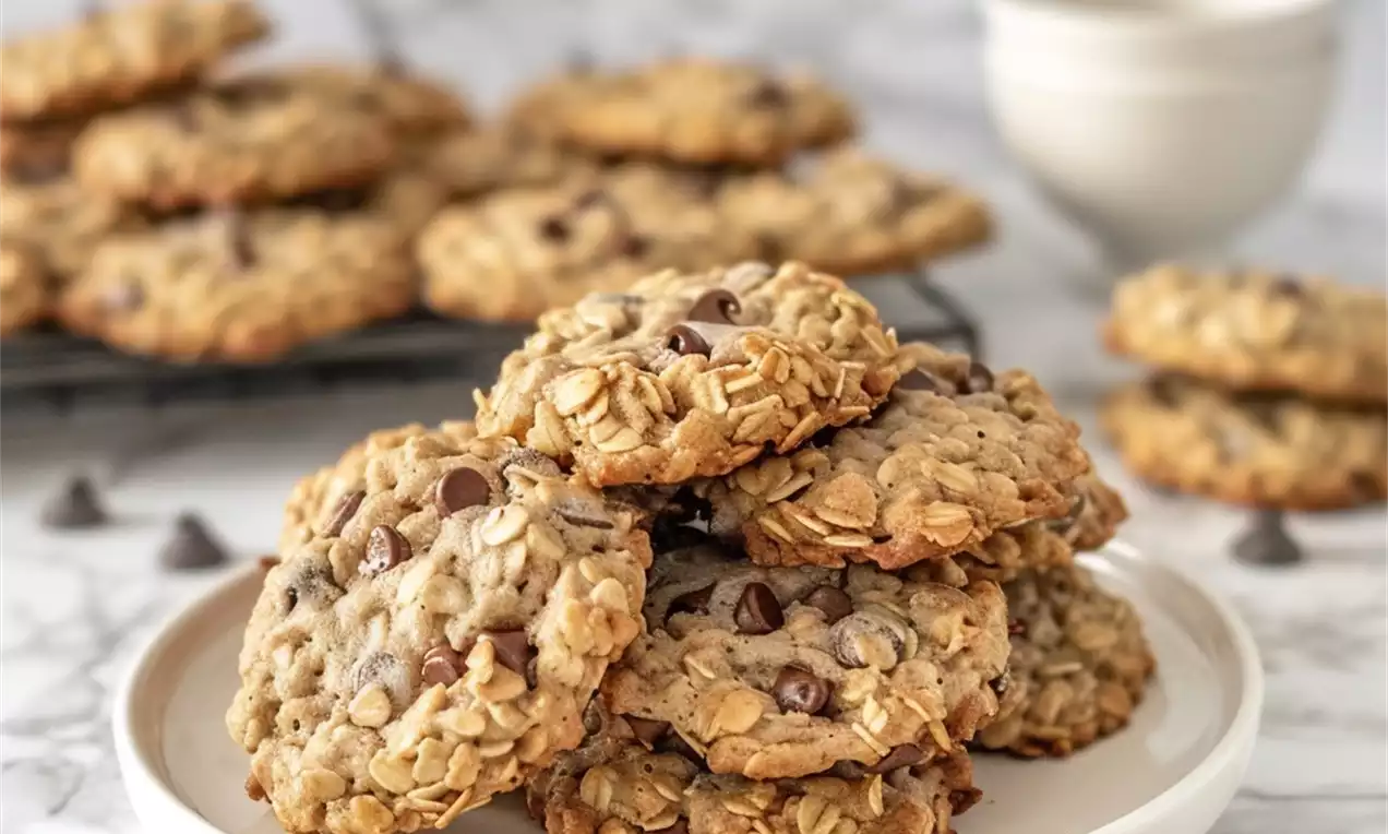 Golden-brown oatmeal chocolate chip cookies with rough, chunky texture stacked on a white plate, surrounded by chocolate chips and bowls