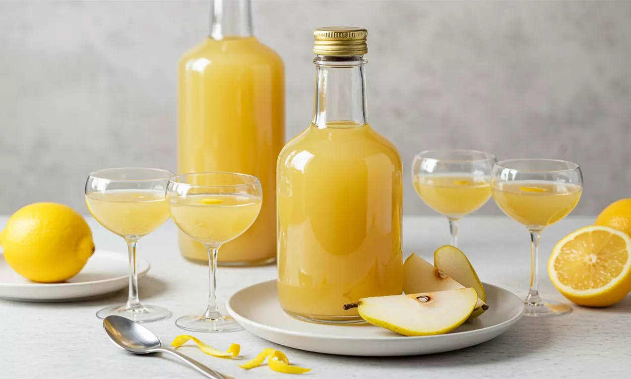 Ликьор с мек златист оттенък в прозрачна бутилка със златиста капачка, с резени сочна круша и лимони върху светли чинии
