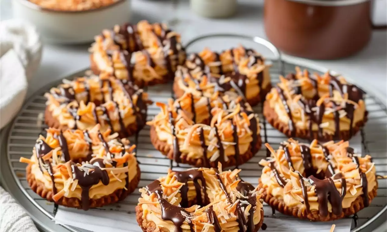 Golden-brown Samoas cookies with caramel stripes, toasted coconut shreds, and dark chocolate drizzles on a wire rack with parchment paper