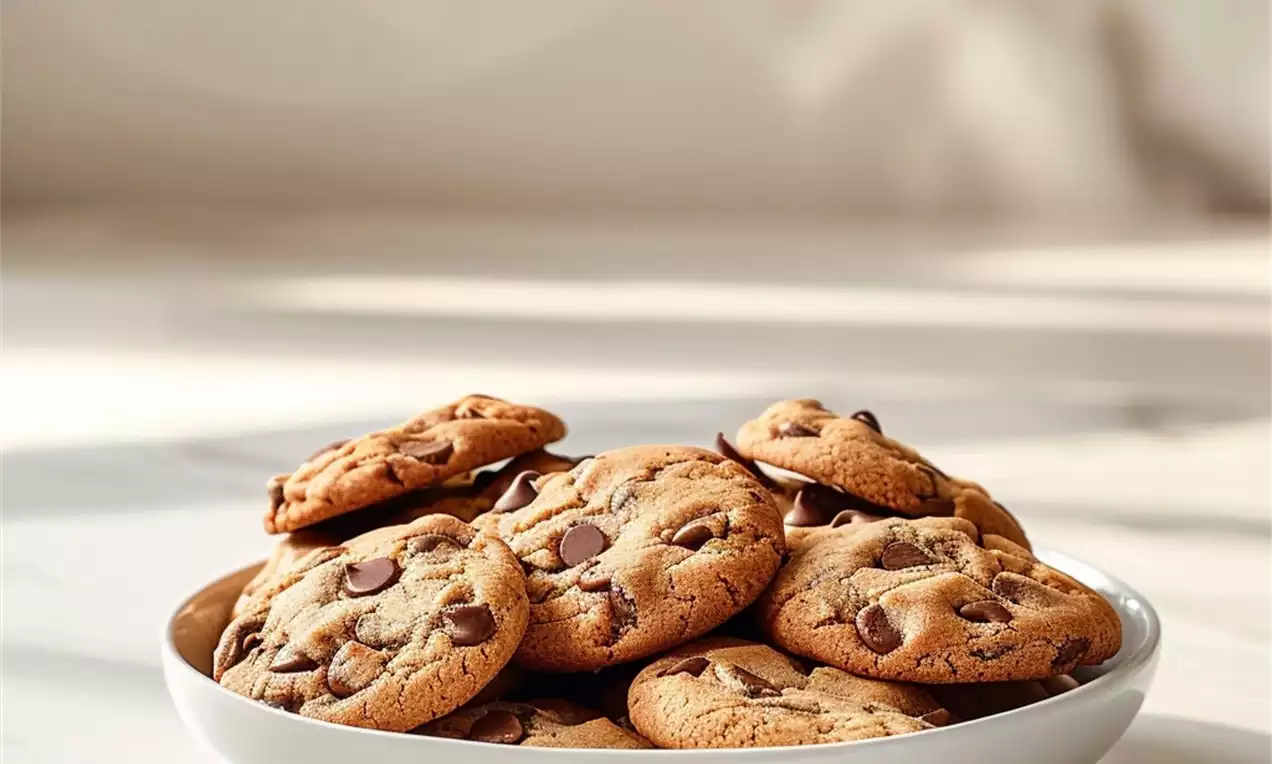 Cookies aux pépites de chocolat fondantes, légèrement dorés et parsemés de morceaux denses, empilés sur une assiette blanche
