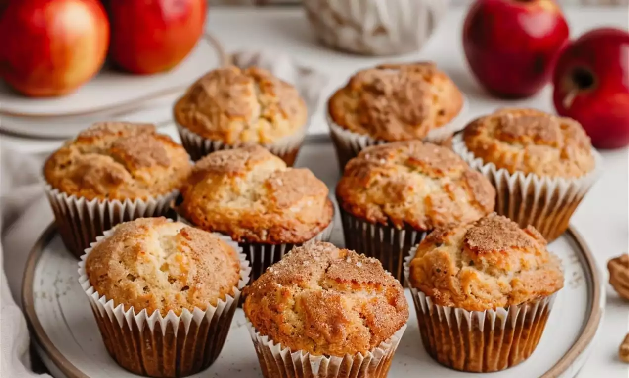 Muffins dorés à la pomme avec une texture moelleuse et des sommets légèrement croustillants, disposés sur un plateau en bois avec des pommes rouges